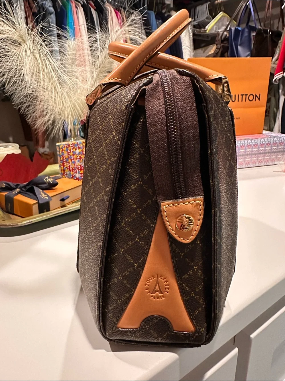 Brown Patterned Satchel with Tan Trim and Bow Accent